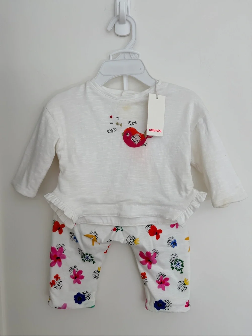 Catmini Baby Two-Piece Set with Pink Bird & Floral Leggings